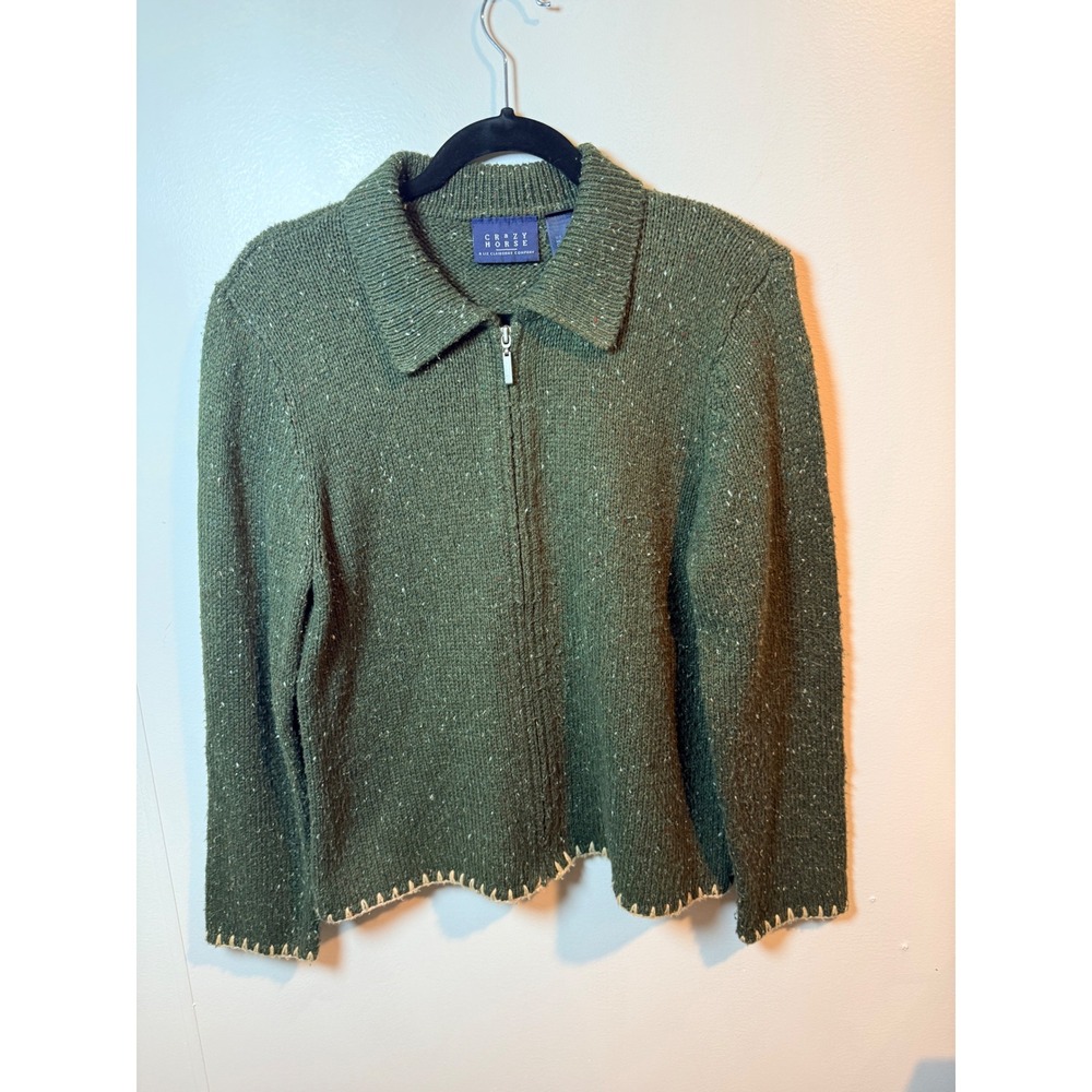 Crazy Horse‎ Liz Claiborne Sweater Green Speckled Knit Zip Up Collared  Size L